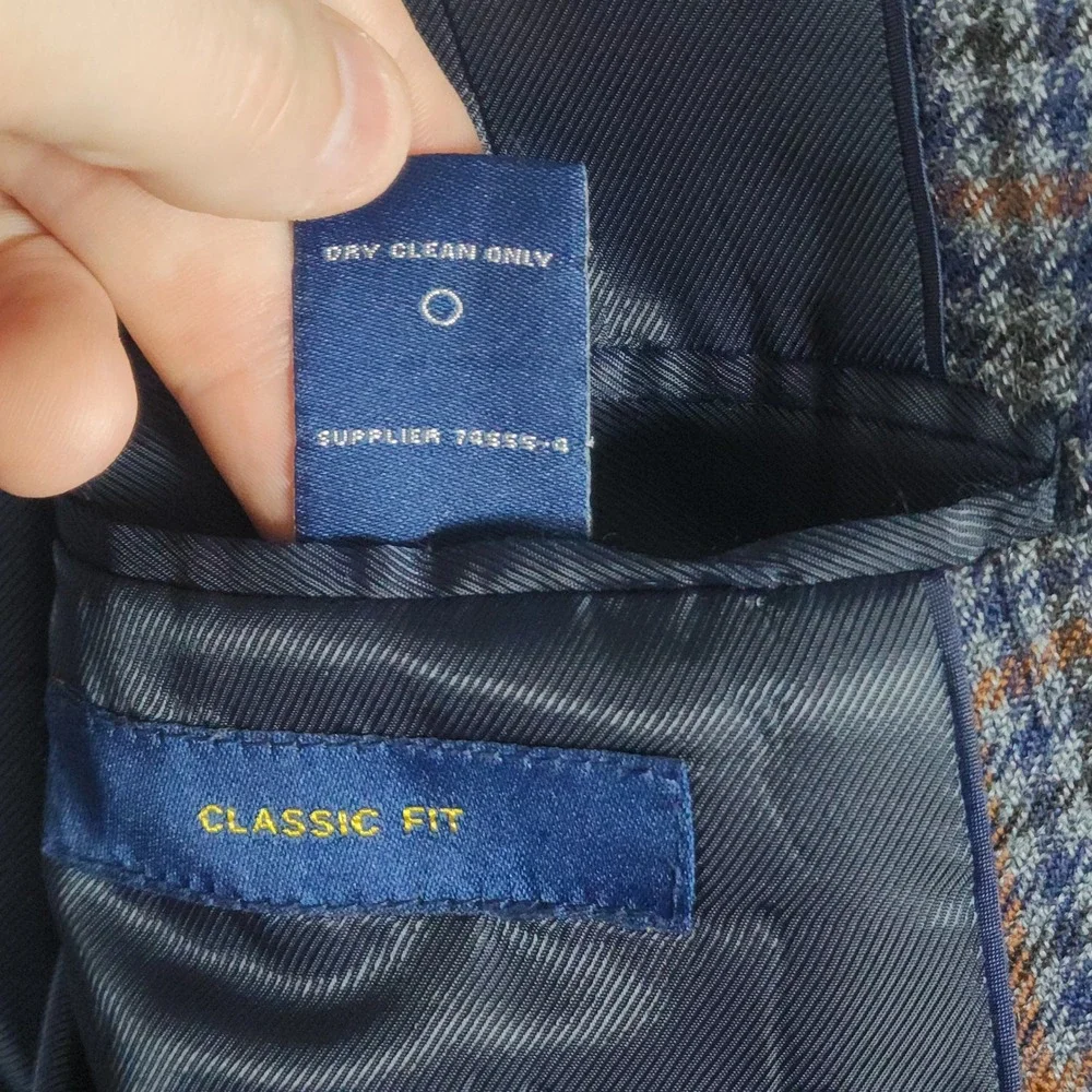 Merino Wool Plaid Blazer Mens 44S Dark Academia Classic Fit Navy Sport Coat